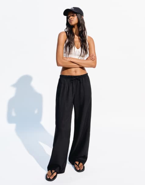 Bershka Linen blend trousers with an elasticated waistband in black