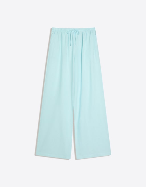 Bershka Linen blend trousers with an elasticated waistband in blue, 4 of 4