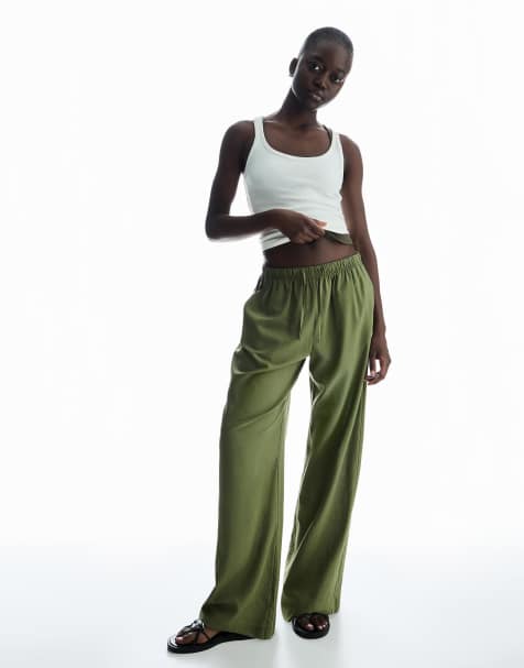 Bershka linen blend trousers with an elasticated waistband in khaki - view 1