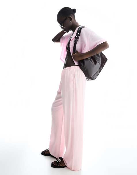 Bershka Linen blend trousers with an elasticated waistband in pink - view 1