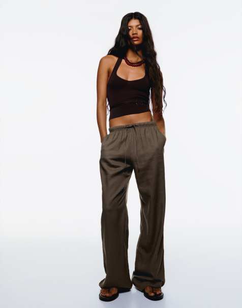 Bershka linen blend trousers with an elasticated waistband in sand