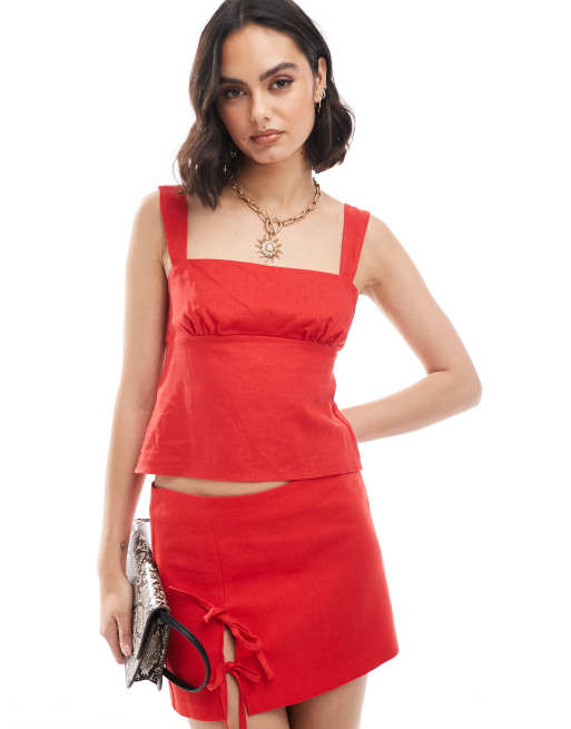 Bershka linen bow front top in red (part of a set)