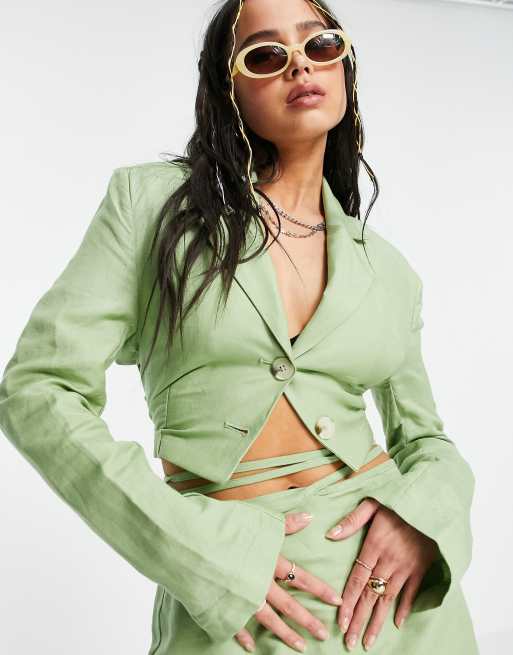 Bershka linen cropped blazer with wrap around tie co-ord in khaki