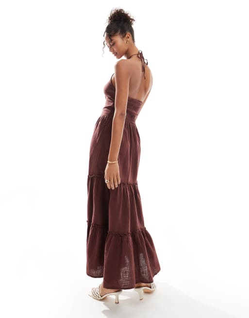 Bershka linen halterneck tiered maxi dress in brown | ASOS