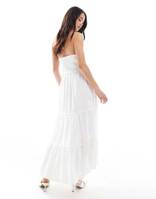 Bershka linen halterneck tiered maxi dress in ecru | ASOS