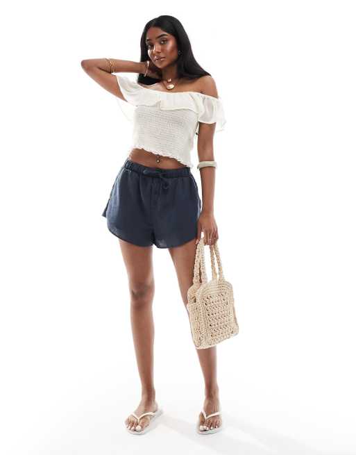 Bershka linen look drawstring waist shorts in navy