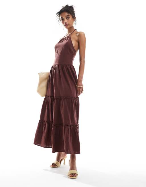 Bershka linen look halterneck tiered maxi dress in chocolate
