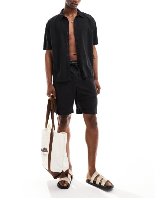 Bershka linen look shirt in black (part of a set), 3 of 4