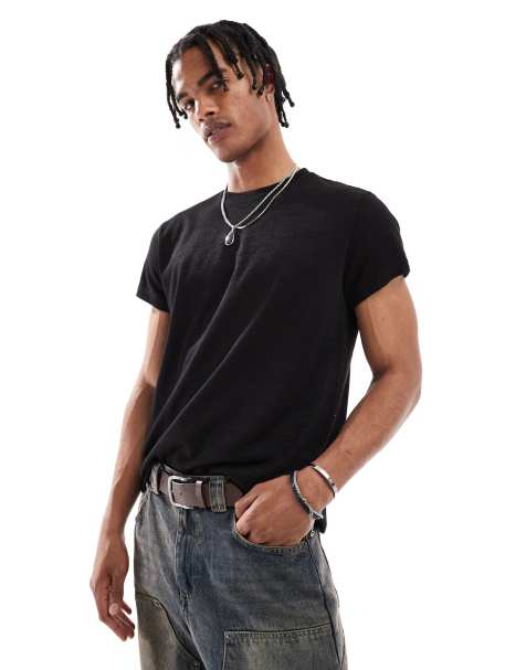 Bershka linen look t-shirt in black