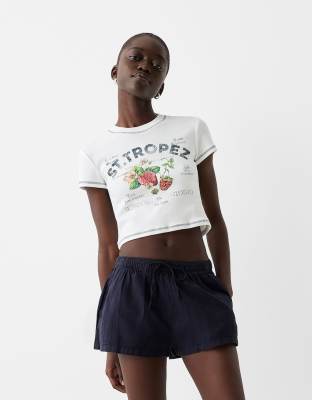 linen look tie waist shorts in rich navy-Blue