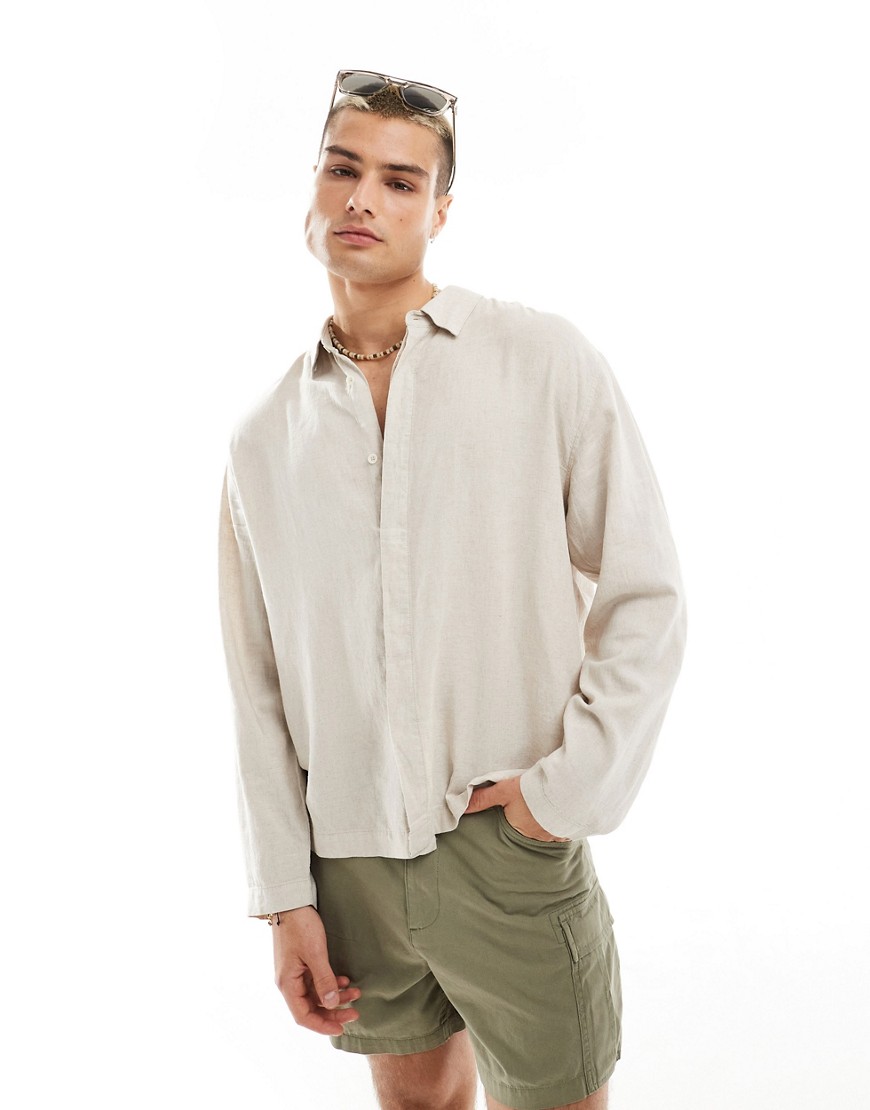 Bershka Linen Mix Rustic Long Sleeve Shirt In Tan-neutral