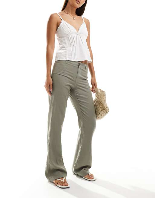 Bershka linen mix tailored flared pants in taupe