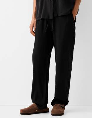 Bershka Linen Mix Wide Leg Pants In Black