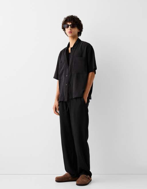 Bershka linen mix wide leg pants in black | ASOS