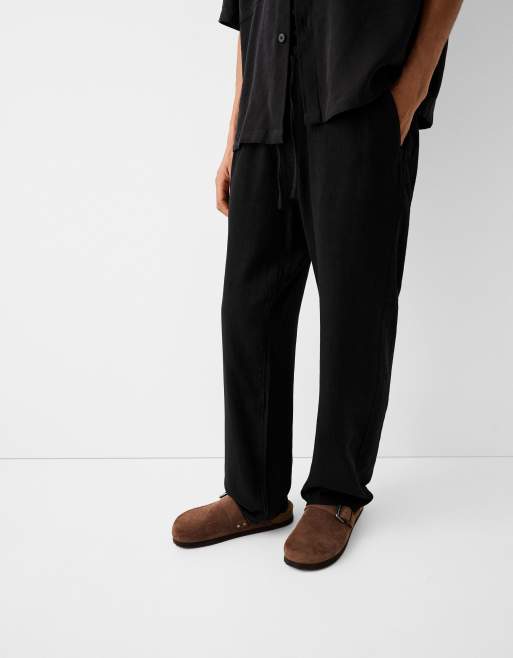 Bershka linen mix wide leg pants in black | ASOS