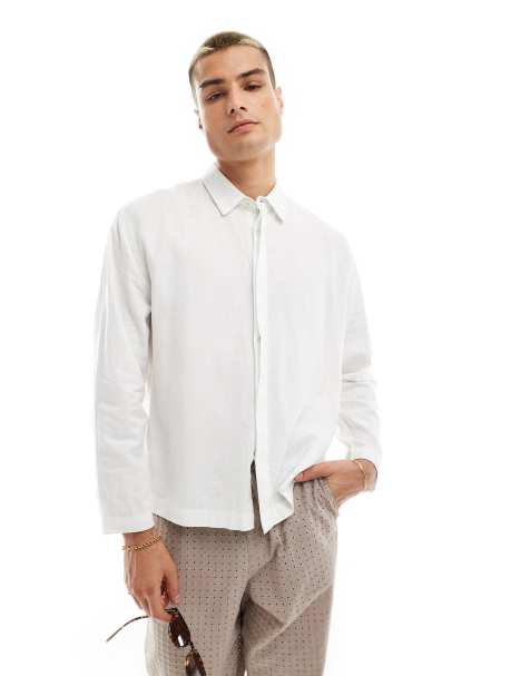 Bershka linen rich long sleeve shirt in white - view 1