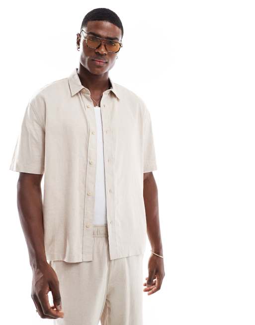 Bershka linen rich shirt in beige (part of a set)