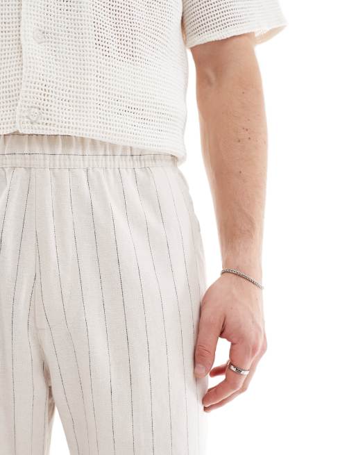Bershka linen-rich striped pants in sand