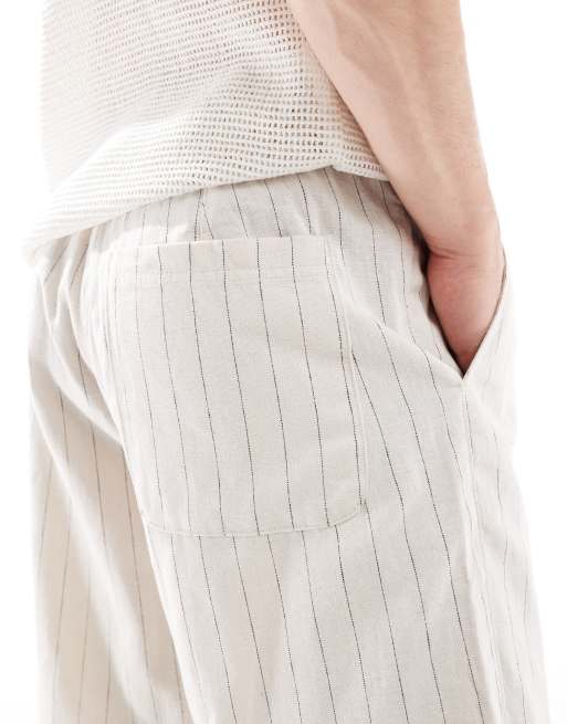 Bershka linen-rich striped pants in sand