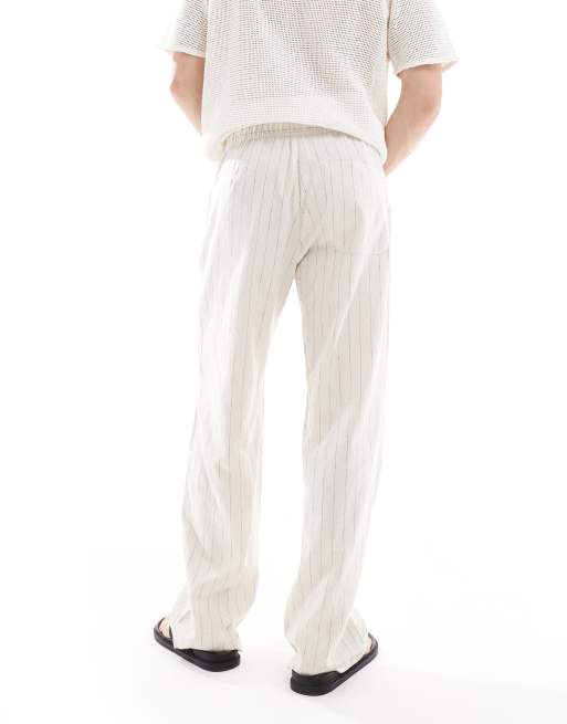 Bershka linen-rich striped pants in sand