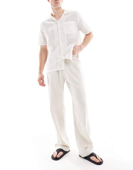 Bershka linen-rich striped pants in sand