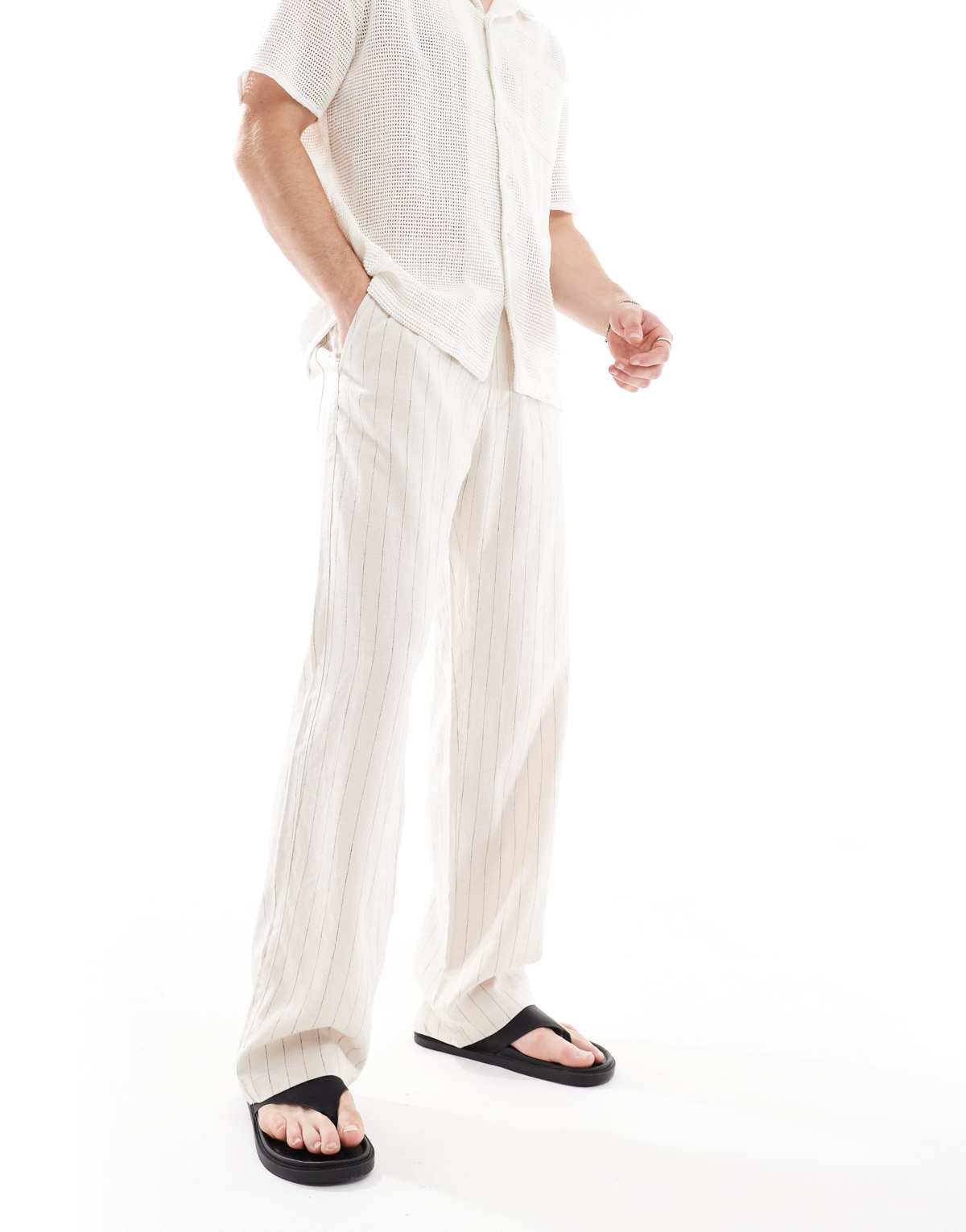 Bershka linen rich striped trouser in sand