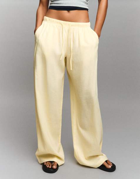 Bershka linen rich trousers with an elasticated waistband in light yellow - YELLOW - view 1