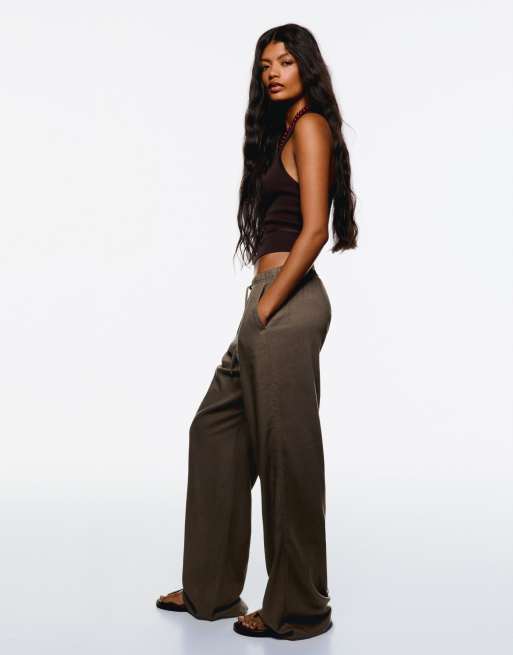 Bershka linen rich trousers with an elasticated waistband in sand - BEIGE, 2 of 4