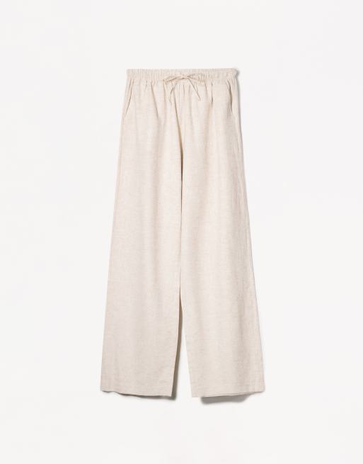 Bershka linen rich trousers with an elasticated waistband in white cream - CREAM, 2 of 4