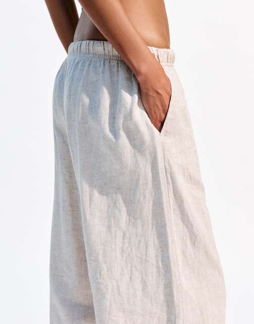Bershka linen rich trousers with an elasticated waistband in white cream - CREAM, 4 of 4