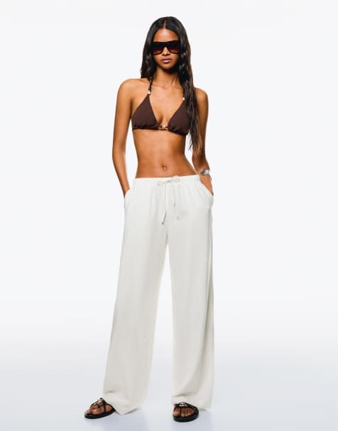 Bershka linen rich trousers with an elasticated waistband in white - CREAM - view 1