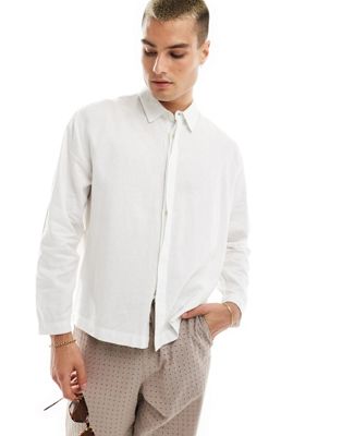Bershka Linen Rustic Long Sleeve Shirt In White