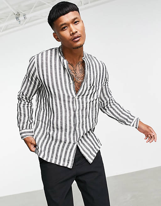 Bershka linen stripe shirt with grandad collar in white