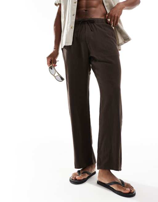 Bershka linen wide leg pants in brown | ASOS