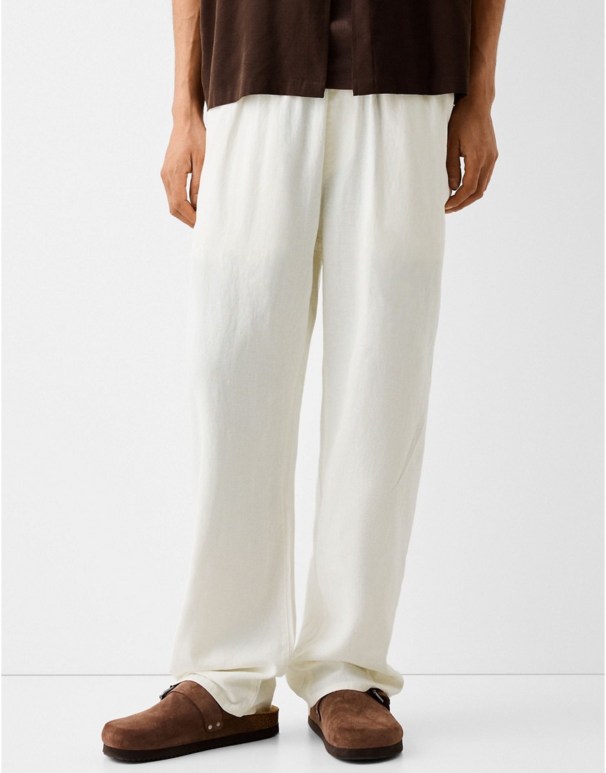 Bershka linen wide leg trouser in white