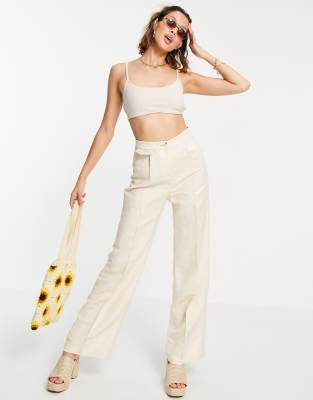 Bershka - Linnen broek met wijde pijpen in zandkleur, deel van co-ord set |  ASOS