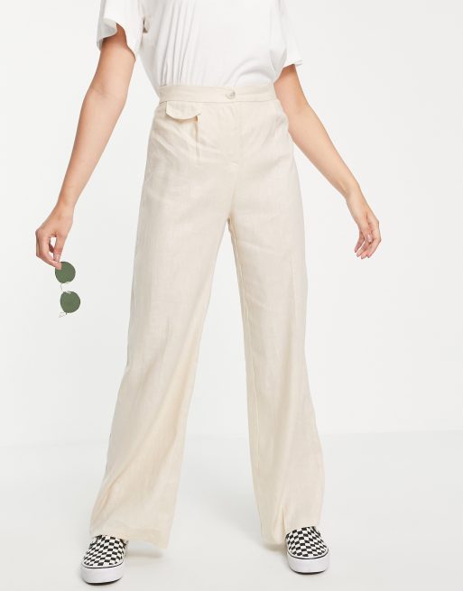 Bershka - Linnen broek met wijde pijpen in zandkleur