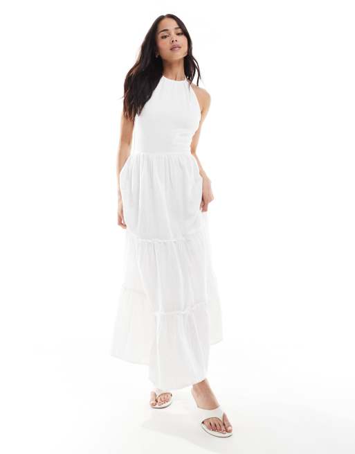 Bershka - Linnen maxi jurk met halternek en stroken in ecru