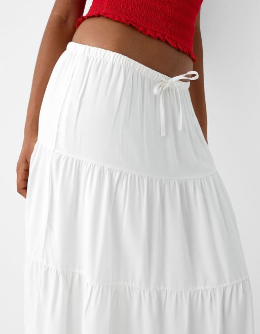 Bershka - Linnen maxi rok met stroken en gestrikte taille in wit, 2 van 4