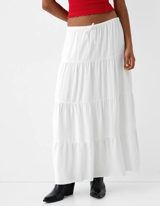 Bershka - Linnen maxi rok met stroken en gestrikte taille in wit, 3 van 4