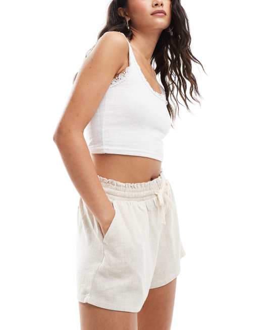 Bershka - Linnen short met gestrikte taille in zandkleur