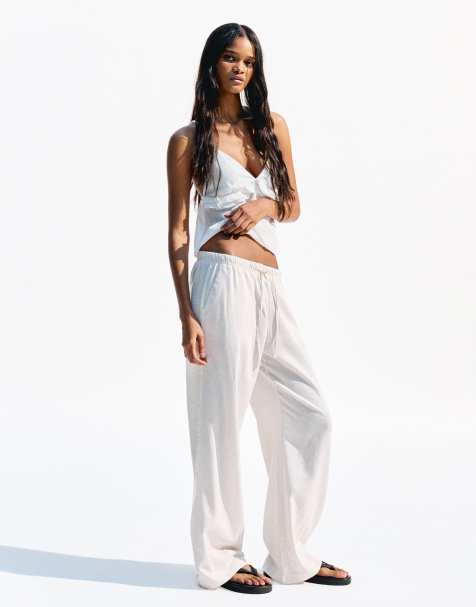 Bershka - Linnenrijke broek met elastische tailleband in beige - view 1