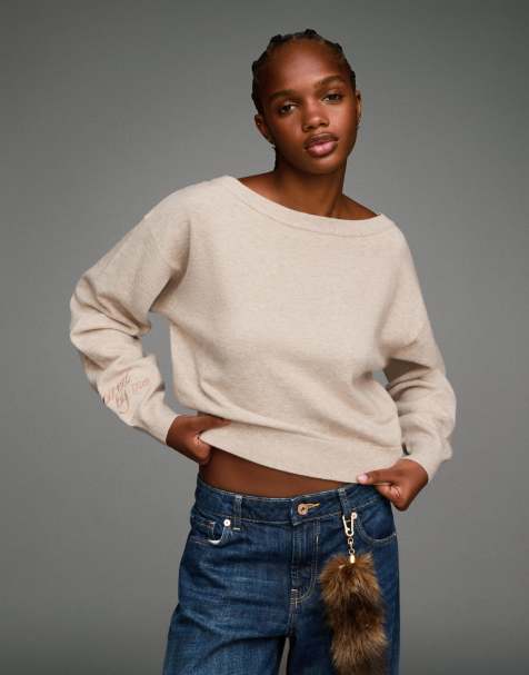 Bershka – Ljusbeige tröja med båtringning - view 1