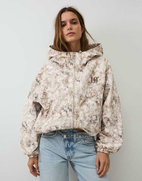 Bershka – Ljusbeige, vattentät och vindtät jacka med huva och tryck - view 1