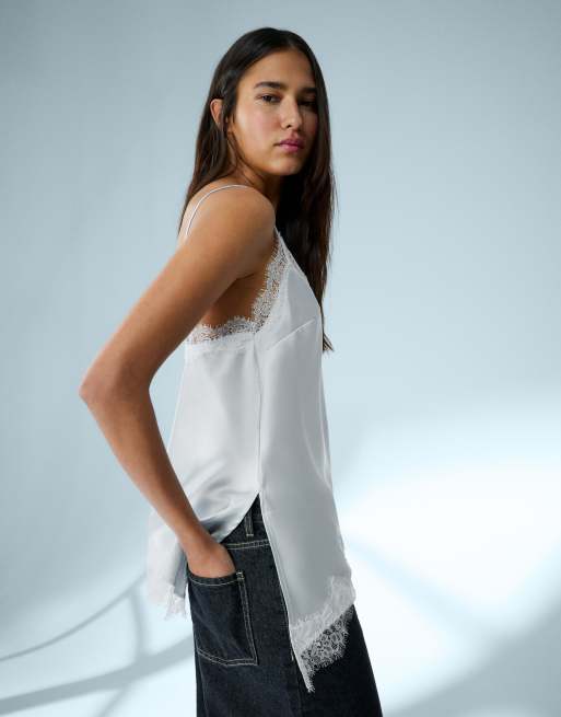 Bershka – Ljusblå, asymmetrisk topp i satin med smala axelband, 3 av 4