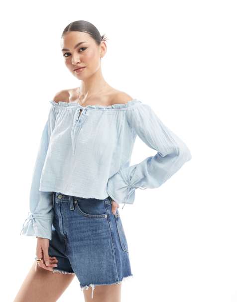 Bershka – Ljusblå, krinklad topp med bardotringning - view 1