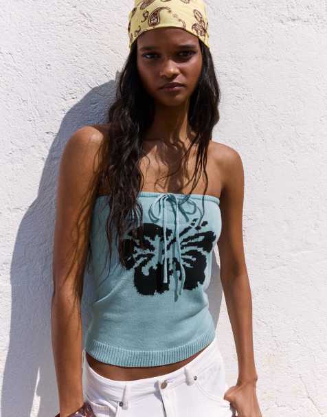 Bershka – Ljusblå, mönstrad bandeau-topp - view 1