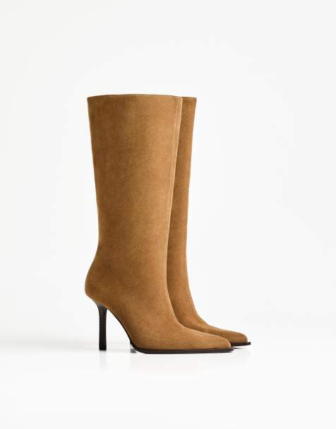 Bershka – Ljusbruna, högklackade boots med breda skaft - view 1