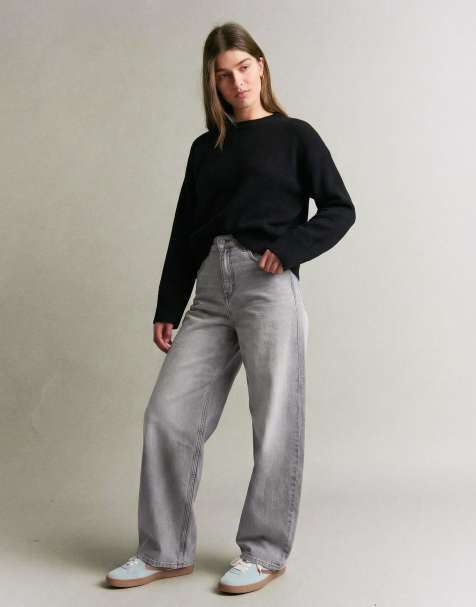 Bershka – Ljusgrå jeans med hög midja och barrelben - view 1