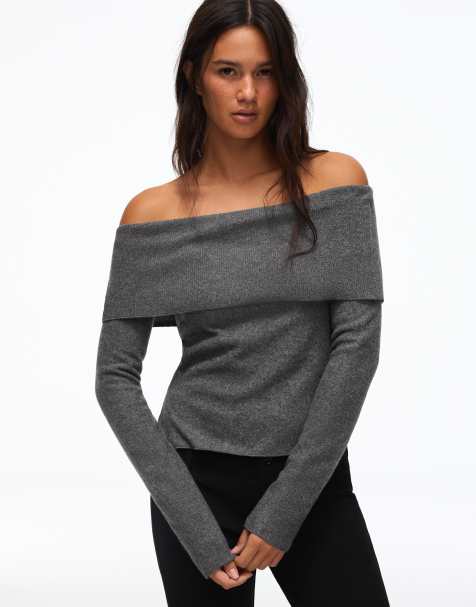 Bershka – Ljusgrå, långärmad tröja med bardotringning - view 1